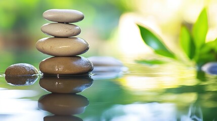 Obraz premium Tranquil Zen Garden Scene with Balanced Pebble Tower Reflecting in Calm Water Surrounded by Lush Green Foliage and Soft Natural Light for Relaxation and Meditation