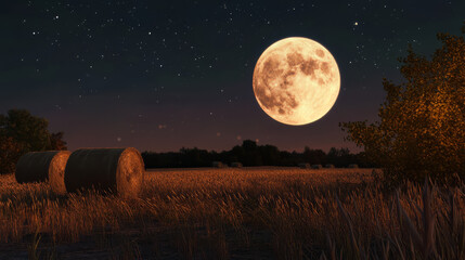 full moon illuminates serene harvest field, casting warm glow over hay bales and tall grass under starry sky. tranquil scene evokes sense of peace and beauty