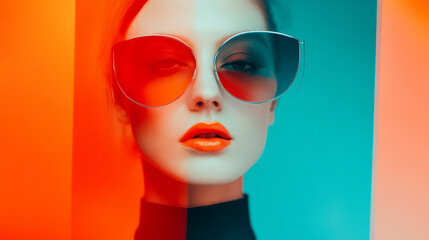 woman with bold sunglasses poses against vibrant background, showcasing striking contrast of colors. Her expression is confident and captivating