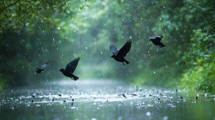 Fototapeta premium Three birds fly over rain-swept water.