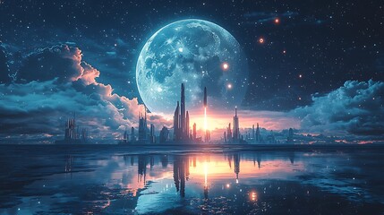 Obraz premium Futuristic Cityscape Underneath a Gigantic Moon