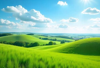 Vista of the vibrant green fields and rolling hills of the county with a clear blue sky