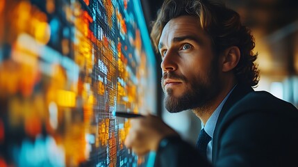 Focused businessman analyzing data on a large screen. (2)