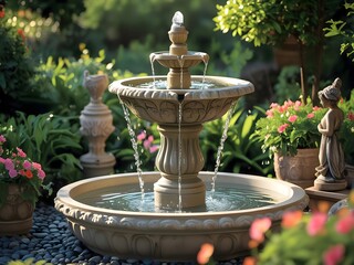 Showcase a decorative outdoor fountain surrounded by lush greenery and vibrant flowers. The fountain should feature intricate stone or ceramic details, with water gently cascading into a small basin.