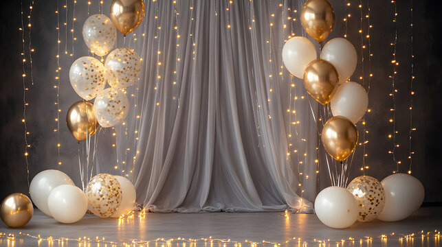 Photo backdrop for photos, a gray curtain with white and gold balloons around it, lights on the floor, and a gray background.