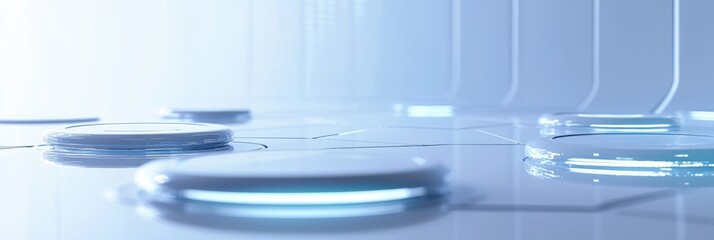 Digital Network of Glowing Blue Technology Nodes in Cartoon Style on White Background with Copy Space Banner.