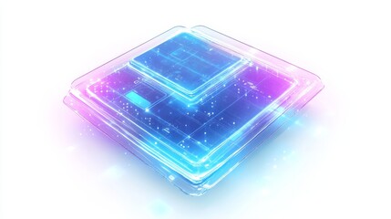 Futuristic 3D Floating Holograms in Cartoon Style with Neon Glow on White Background
