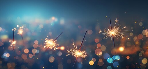 Obraz premium Close-up of sparklers burning in the night sky with blurred bokeh lights in the background, creating a festive and joyful atmosphere during a New Year's celebration.