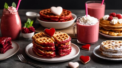 Delicious heart-shaped waffles with smoothies, perfect for a cozy breakfast setting.