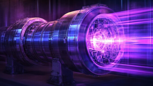 A futuristic engine emitting purple energy beams, showcasing advanced technology.