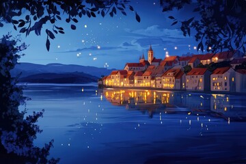 Naklejka premium Nighttime Lakeside Village Glowing With Lights