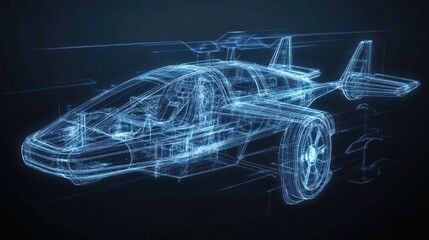 A digital blueprint of a futuristic flying car, showcasing its design and structure.
