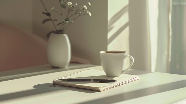 A clean white work desk with a notebook, pen, and a cup of black coffee, productivity vibes