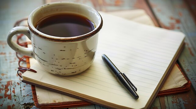 A clean white work desk with a notebook, pen, and a cup of black coffee, productivity vibes