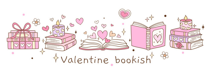 Draw vector banner illustration pink valentine bookish Love reading Book lover Doodle cartoon style