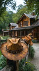 Two leather cowboy hats on a wooden fence, rustic wooden buildings in background.