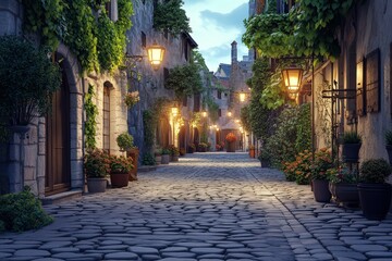 Obraz premium A Charming Cobblestone Street at Dusk with Lit Lanterns