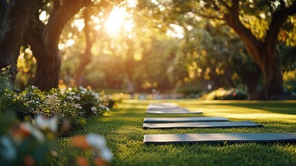 multiple yoga mats neatly laid out on a lush green lawn in a peaceful park