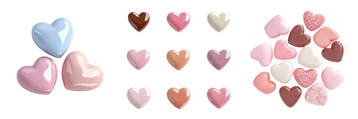 Obraz premium A colorful assortment of glossy heart-shaped decorations, perfect for romantic themes, crafts, or celebrations.