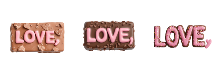 Colorful chocolate letters spell love in a fun and playful way, perfect for any romantic occasion or sweet treat promotion.