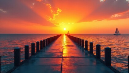 Obraz premium Elegant jetty against a vibrant orange sunset with a few sailboats on the horizon, serene, jetty, peaceful