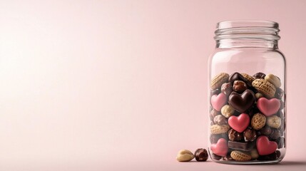 Chocolate-covered nuts in heart jar sweet treats home kitchen close-up