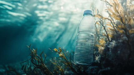 Plastic bottle lodged in seaweed beneath turquoise water, photographed with soft light filtering through, marine environment depicted delicately