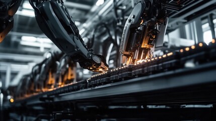 Fototapeta premium Battery manufacturing assembly line showcasing advanced technology and precision engineering, where skilled workers meticulously assemble components to ensure high-performance energy solutions.
