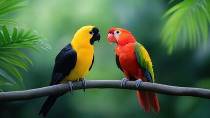 Obraz premium Two colorful birds perched on a branch in a lush environment.