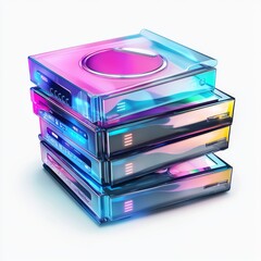 Colorful Transparent Stack of Retro Disco Music Discs with Neon Glow and Futuristic Design Elements