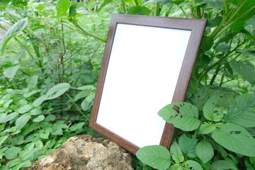 Blank Brown Wooden Frame in Lush Greenery for Nature-Themed Mockup Designs