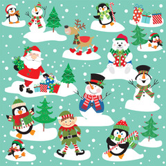 Christmas card with Santa, snowman, penguin, reindeer and elf