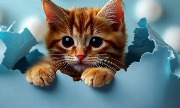 Adorable Ginger Kitten Emerging from a Blue Paper Shell
