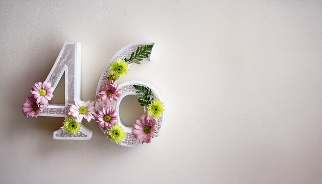 Number 46 with flowers on light backdrop, copy space. Generated image