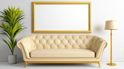 Soft Yellow Living Room with Blank Frame and Plant