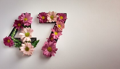 Number 47 with flowers on light backdrop, copy space. Generated image