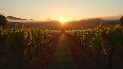 Naklejka premium Sunrise over vineyard rows.
