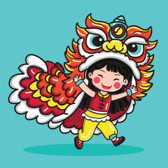 Cute and happy Boy and Girl Jumping while wearing a Chinese Lion Dance Costume