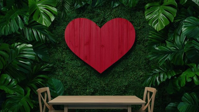 valentine theme concept. A scenic garden scene featuring a heart-shaped floral arch and a dining table surrounded by lush greenery, heart-shaped decor, natural love celebration