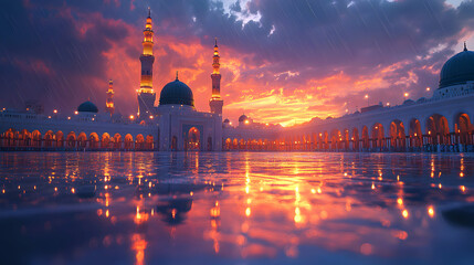 Obraz premium Majestic Mosque Sunset Reflecting In Water
