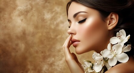 Fototapeta premium Beautiful close-up portrait of a woman with radiant skin and natural makeup,cosmetic background