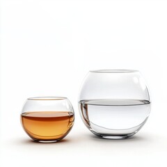 Elegant Display of Two Distinct Glass Bowls Featuring Brown Liquid and Clear Water on a Minimalist Background