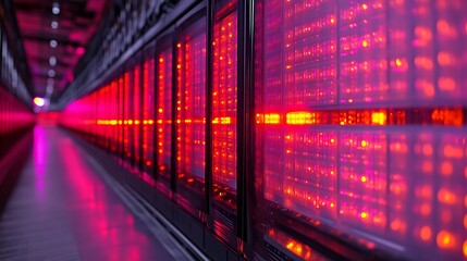 Red-lit server racks in a modern data center. (1)
