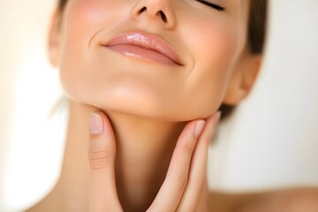 Obraz premium Beautiful close-up portrait of a woman with radiant skin and natural makeup,cosmetic background