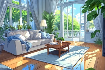 Fototapeta premium A bright and airy living room features stylish home decor with plants, showcasing the beauty of indoor gardening and a cozy atmosphere.