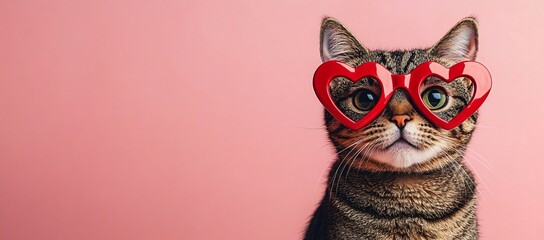 A playful tabby cat in oversized red heart glasses on a pastel pink background, perfect for Valentine's Day cards, pet-related marketing, or fun social media posts.
