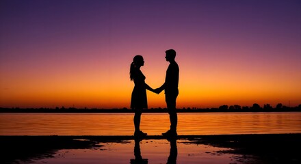 Fototapeta premium Silhouette of a couple standing hand in hand on the beach, with their shadows cast on the golden sand during sunset, creating a romantic and serene atmosphere