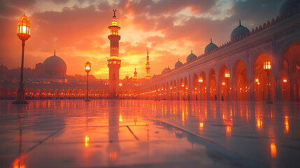 Fototapeta premium Mosque Courtyard Sunset Illuminated Architecture
