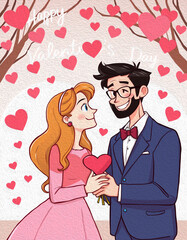 Valentine's Day card design. Illustration with oil paint. Pattern for printing on wall decorations, covers, wallpapers