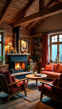 Cozy Bergh?tte interior with wooden furniture and fireplace, fireplace, chalet, berghutte